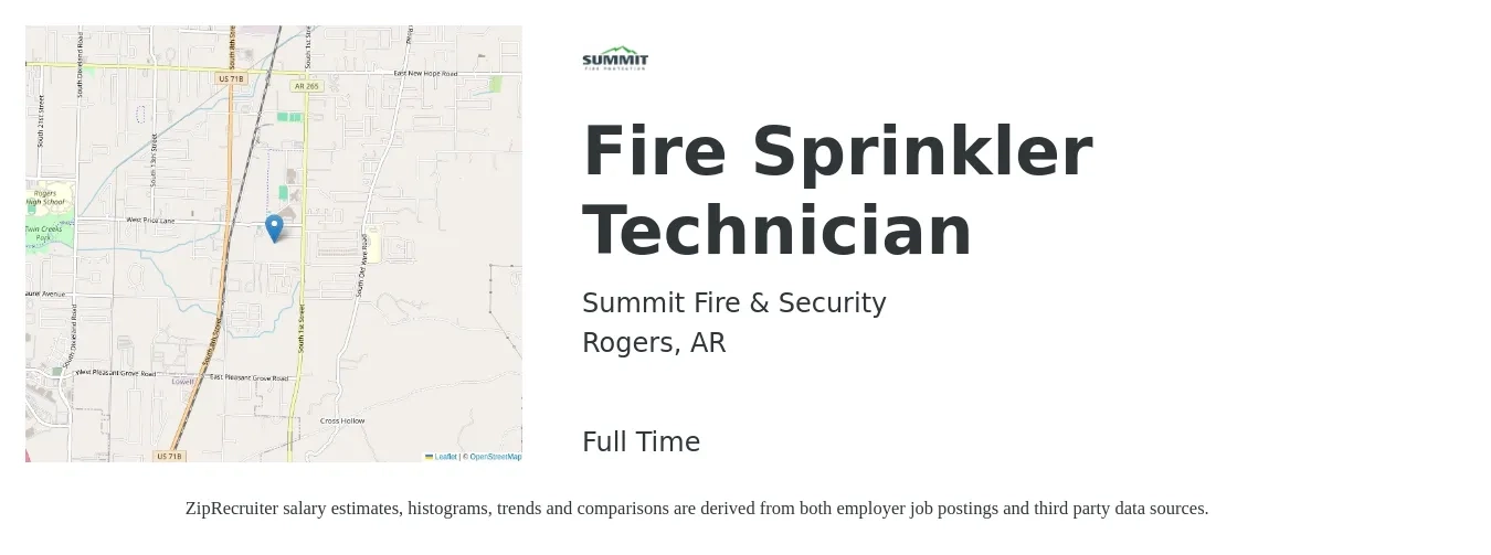 Summit Fire & Security job posting for a Fire Sprinkler Technician in Rogers, AR with a salary of $18 to $28 Hourly with a map of Rogers location.