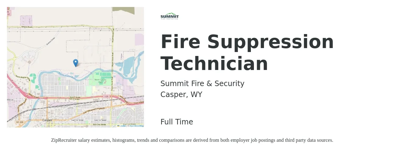 Summit Fire & Security job posting for a Fire Suppression Technician in Casper, WY with a salary of $19 to $27 Hourly with a map of Casper location.
