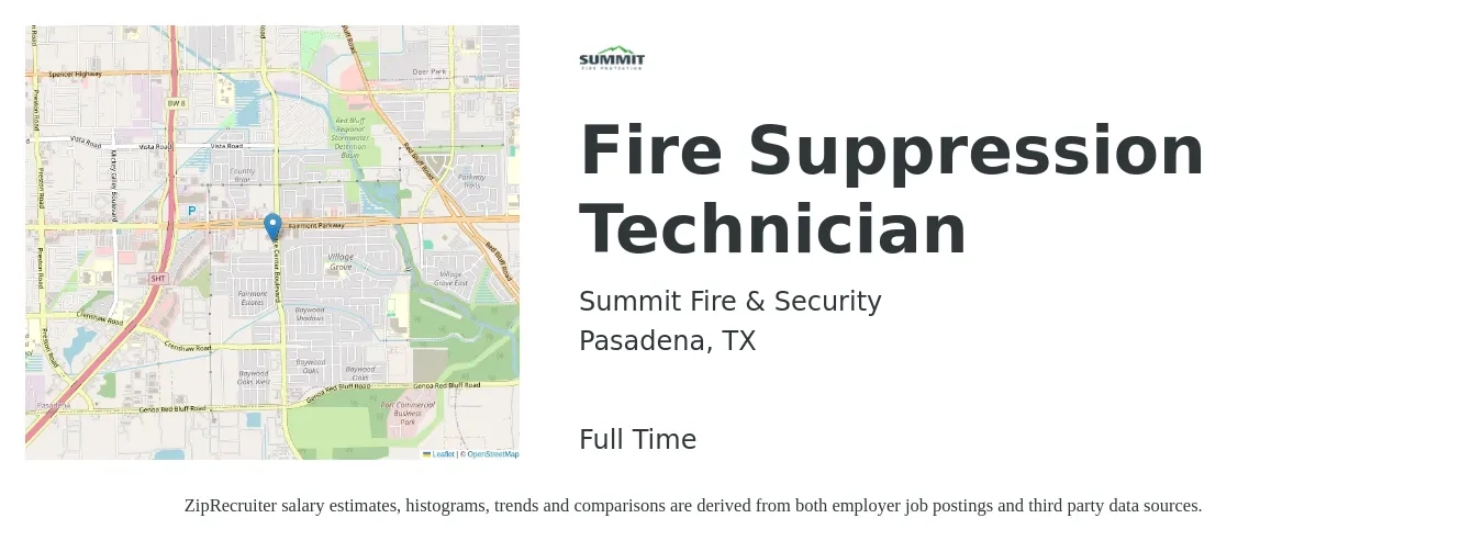 Summit Fire & Security job posting for a Fire Suppression Technician in Pasadena, TX with a salary of $18 to $25 Hourly with a map of Pasadena location.