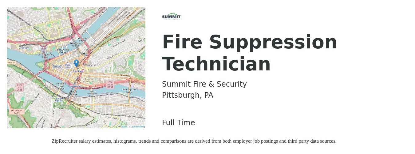 Summit Fire & Security job posting for a Fire Suppression Technician in Pittsburgh, PA with a salary of $19 to $27 Hourly with a map of Pittsburgh location.
