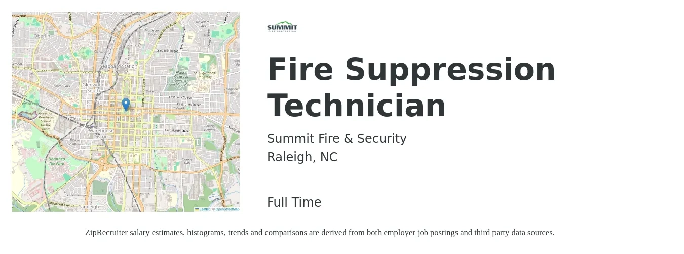 Summit Fire & Security job posting for a Fire Suppression Technician in Raleigh, NC with a salary of $18 to $24 Hourly with a map of Raleigh location.