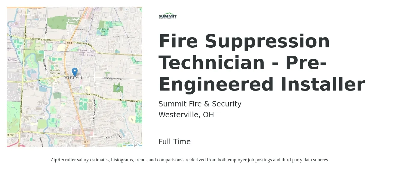 Summit Fire & Security job posting for a Fire Suppression Technician - Pre-Engineered Installer in Westerville, OH with a salary of $19 to $26 Hourly with a map of Westerville location.