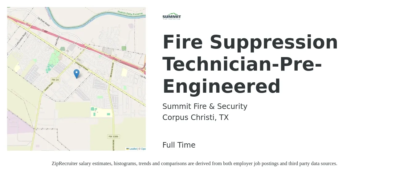 Summit Fire & Security job posting for a Fire Suppression Technician-Pre-Engineered in Corpus Christi, TX with a salary of $16 to $23 Hourly with a map of Corpus Christi location.