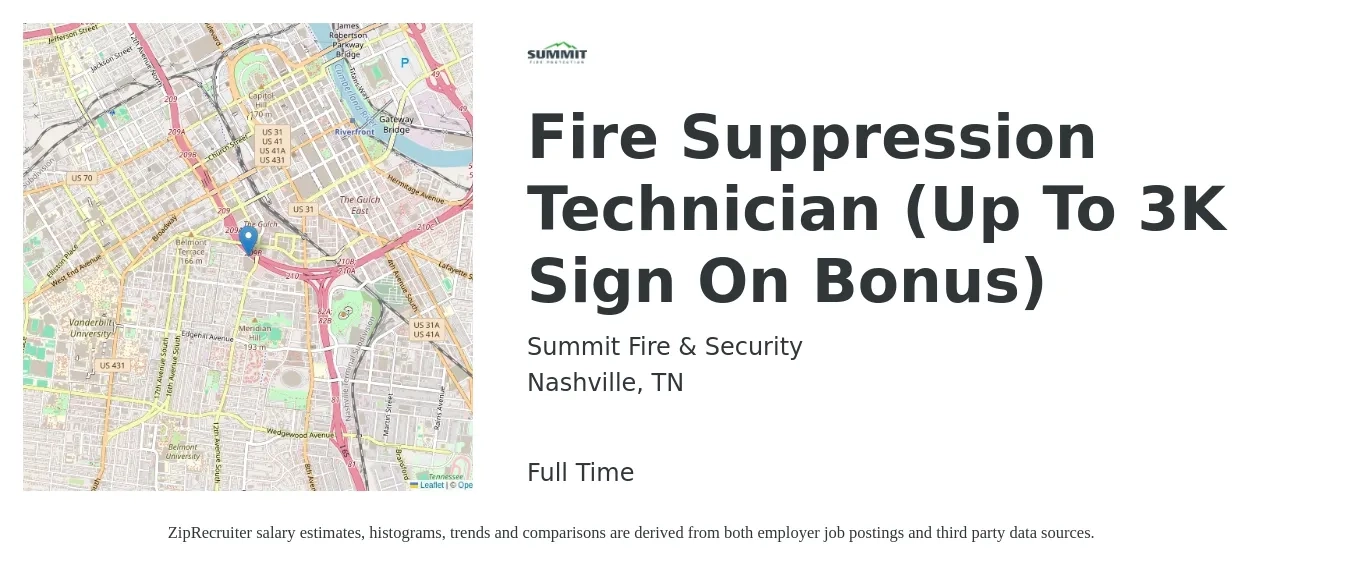 Summit Fire & Security job posting for a Fire Suppression Technician (Up To 3K Sign On Bonus) in Nashville, TN with a salary of $18 to $25 Hourly with a map of Nashville location.