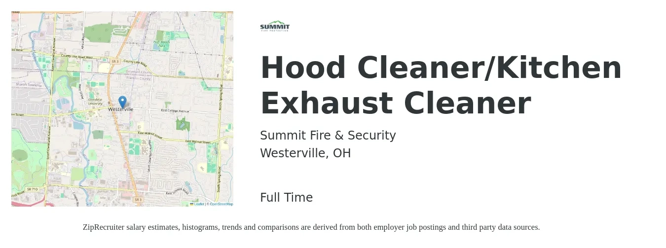 Summit Fire & Security job posting for a Hood Cleaner/Kitchen Exhaust Cleaner in Westerville, OH with a salary of $14 to $16 Hourly with a map of Westerville location.