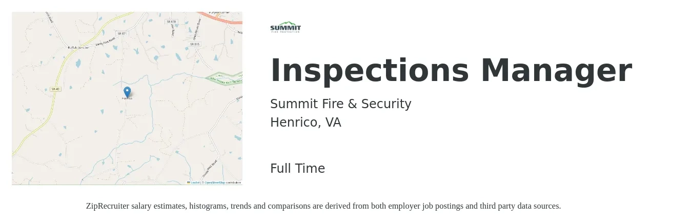 Summit Fire & Security job posting for a Inspections Manager in Henrico, VA with a salary of $33,300 to $78,600 Yearly with a map of Henrico location.