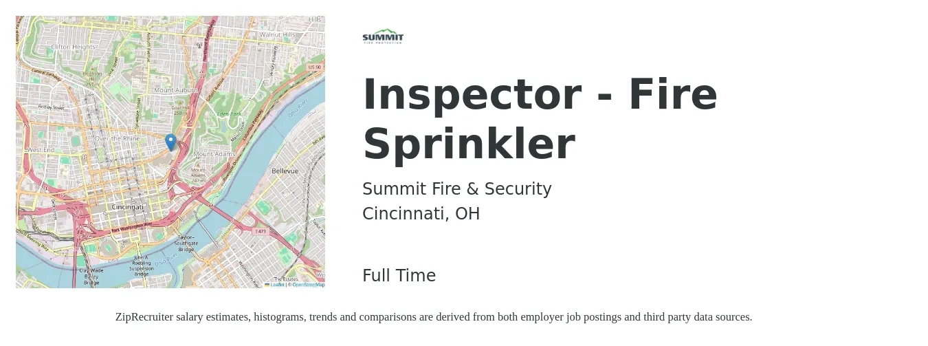 Summit Fire & Security job posting for a Inspector - Fire Sprinkler in Cincinnati, OH with a salary of $49,900 to $69,600 Yearly with a map of Cincinnati location.