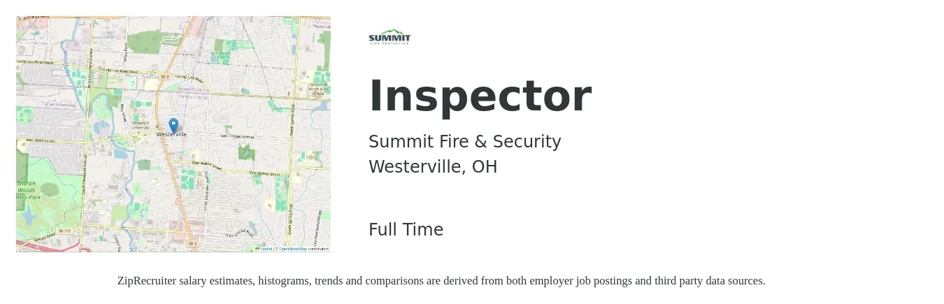 Summit Fire & Security job posting for a Inspector in Westerville, OH with a salary of $37,100 to $61,200 Yearly with a map of Westerville location.
