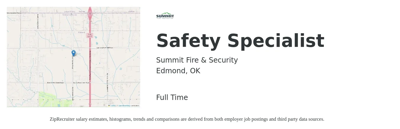 Summit Fire & Security job posting for a Safety Specialist in Edmond, OK with a salary of $39,300 to $62,600 Yearly with a map of Edmond location.