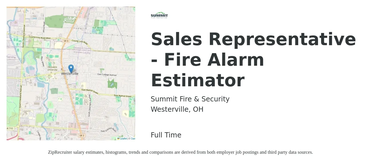 Summit Fire & Security job posting for a Sales Representative - Fire Alarm Estimator in Westerville, OH with a salary of $51,600 to $89,700 Yearly with a map of Westerville location.