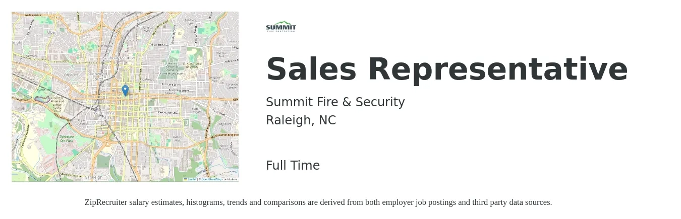 Summit Fire & Security job posting for a Sales Representative in Raleigh, NC with a salary of $47,300 to $82,200 Yearly with a map of Raleigh location.