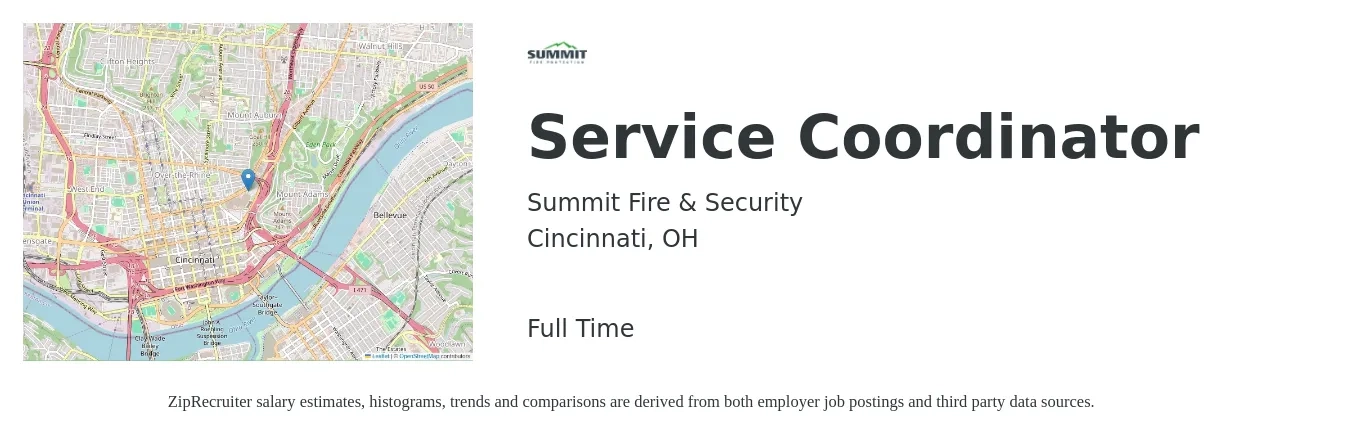 Summit Fire & Security job posting for a Service Coordinator in Cincinnati, OH with a salary of $19 to $24 Hourly with a map of Cincinnati location.