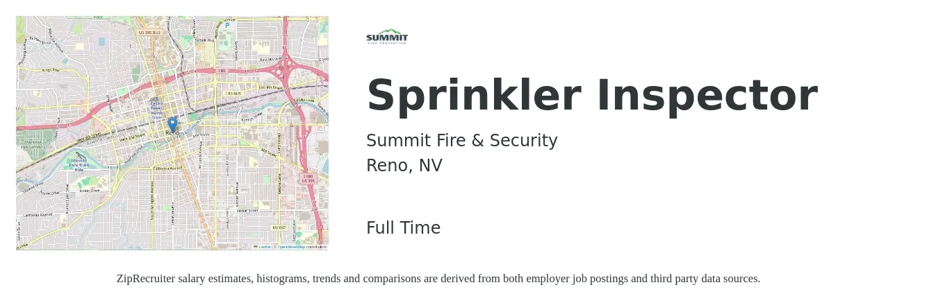 Summit Fire & Security job posting for a Sprinkler Inspector in Reno, NV with a salary of $51,800 to $72,300 Yearly with a map of Reno location.