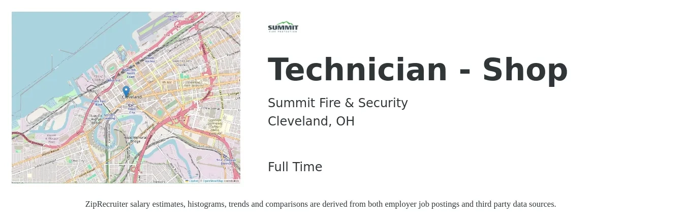 Summit Fire & Security job posting for a Technician - Shop in Cleveland, OH with a salary of $17 to $24 Hourly with a map of Cleveland location.
