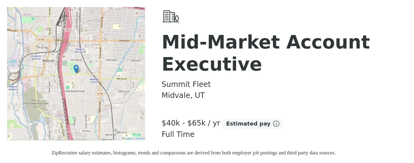 Summit Fleet job posting for a Mid Market Account Executive in Midvale, UT with a salary of $40,000 to $65,000 Yearly with a map of Midvale location.