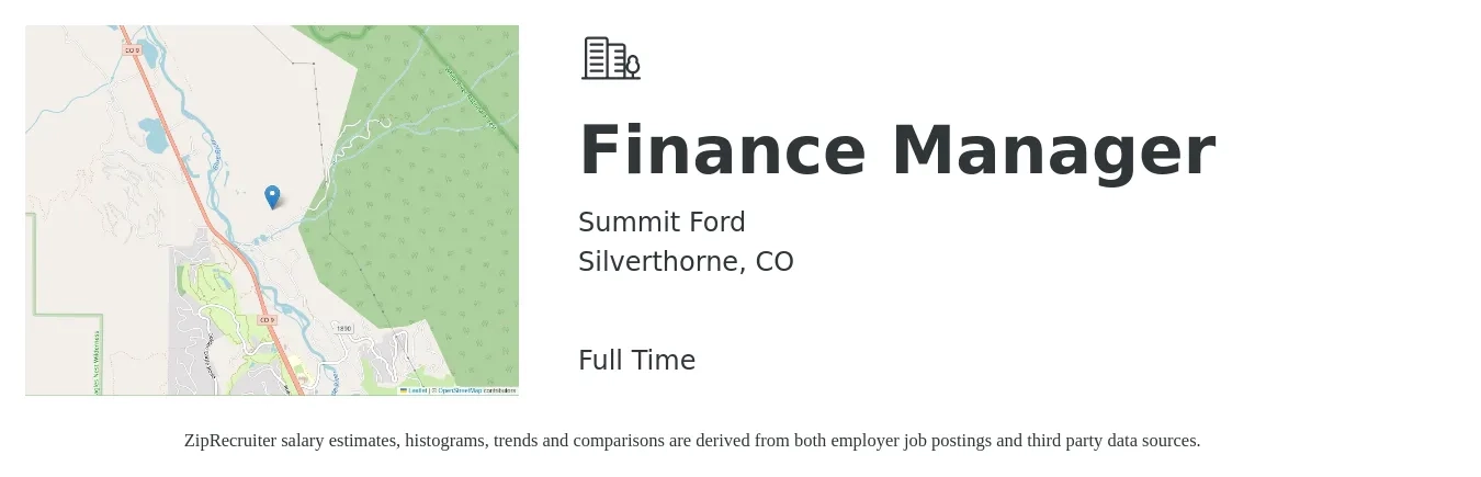 Summit Ford job posting for a Finance Manager in Silverthorne, CO with a salary of $95,100 to $169,000 Yearly with a map of Silverthorne location.