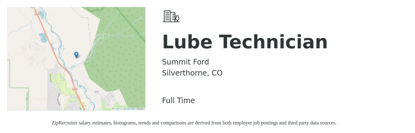 Summit Ford job posting for a Lube Technician in Silverthorne, CO with a salary of $14 to $19 Hourly with a map of Silverthorne location.
