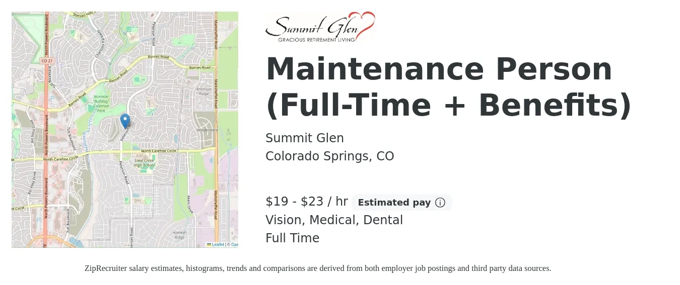 Summit Glen job posting for a Maintenance Person (Full-Time + Benefits) in Colorado Springs, CO with a salary of $17 to $24 Hourly and benefits including vision, dental, life_insurance, medical, and retirement with a map of Colorado Springs location.