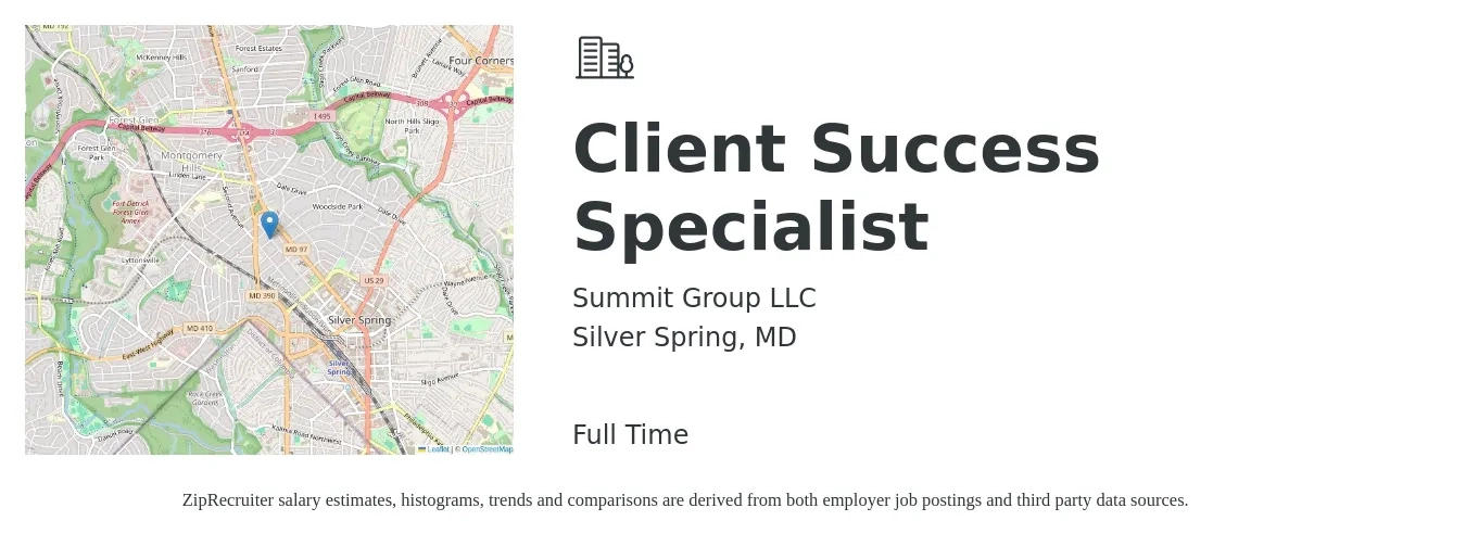 Summit Group LLC job posting for a Client Success Specialist in Silver Spring, MD with a salary of $18 to $26 Hourly with a map of Silver Spring location.