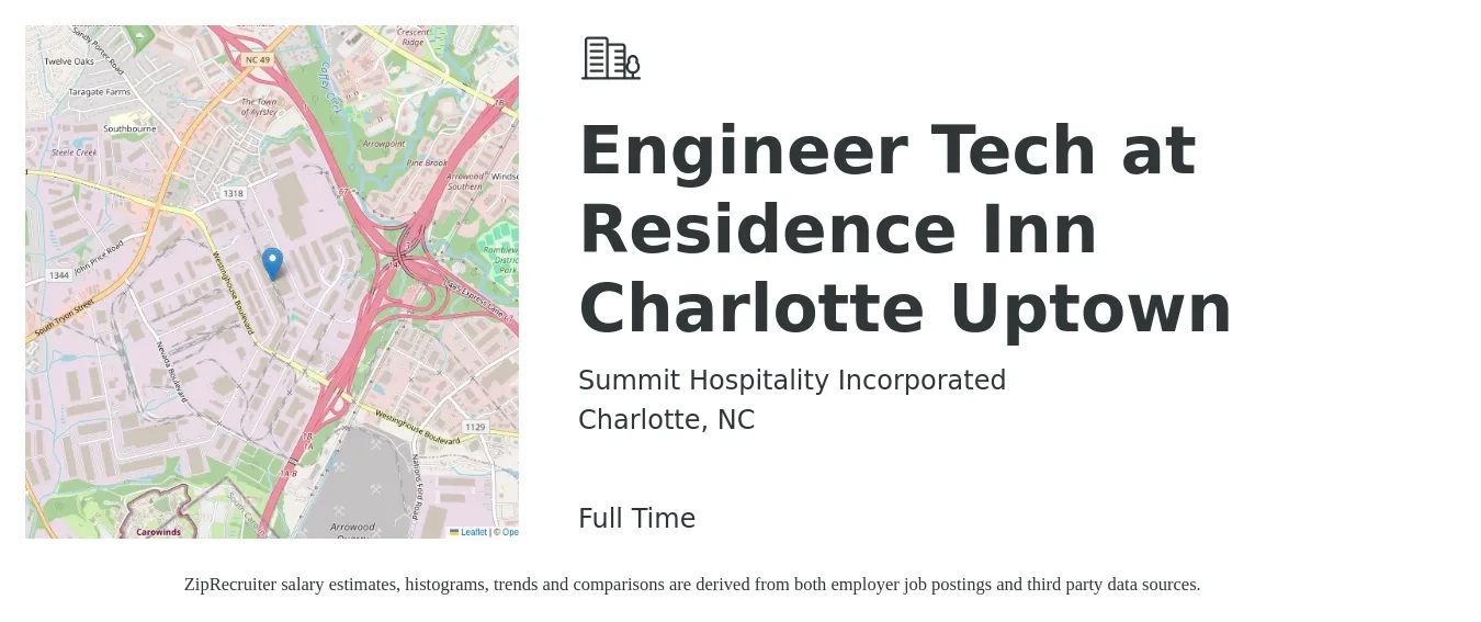 Summit Hospitality Incorporated job posting for a Engineer Tech at Residence Inn Charlotte Uptown in Charlotte, NC with a salary of $26 to $39 Hourly with a map of Charlotte location.