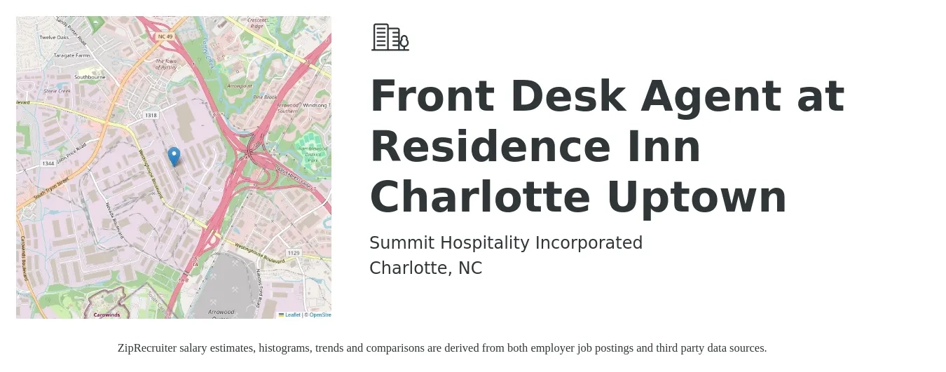 Summit Hospitality Incorporated job posting for a Front Desk Agent at Residence Inn Charlotte Uptown in Charlotte, NC with a salary of $14 to $18 Hourly with a map of Charlotte location.