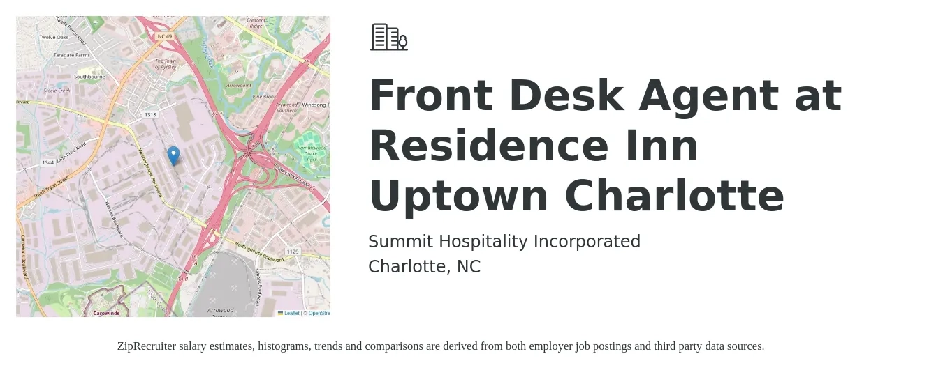 Summit Hospitality Incorporated job posting for a Front Desk Agent at Residence Inn Uptown Charlotte in Charlotte, NC with a salary of $14 to $18 Hourly with a map of Charlotte location.