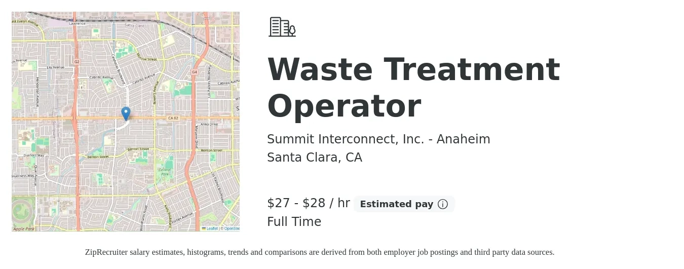 Summit Interconnect, Inc. - Anaheim job posting for a Waste Treatment Operator in Santa Clara, CA with a salary of $29 to $30 Hourly with a map of Santa Clara location.