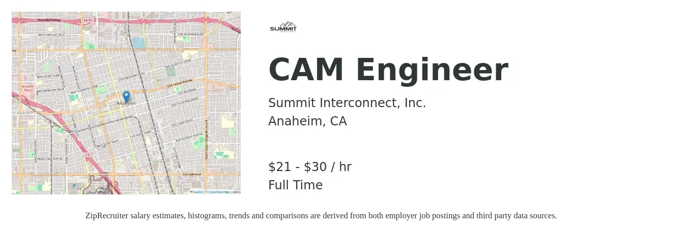 Summit Interconnect, Inc. job posting for a CAM Engineer in Anaheim, CA with a salary of $22 to $32 Hourly with a map of Anaheim location.