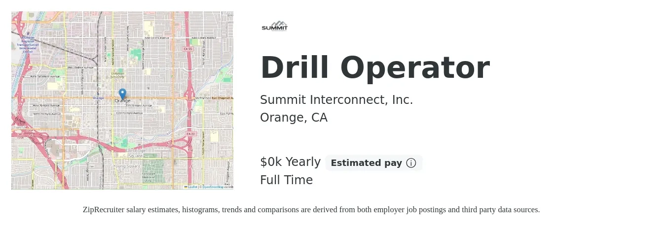 Summit Interconnect, Inc. job posting for a Drill Operator in Orange, CA with a salary of $21 to $22 Yearly with a map of Orange location.