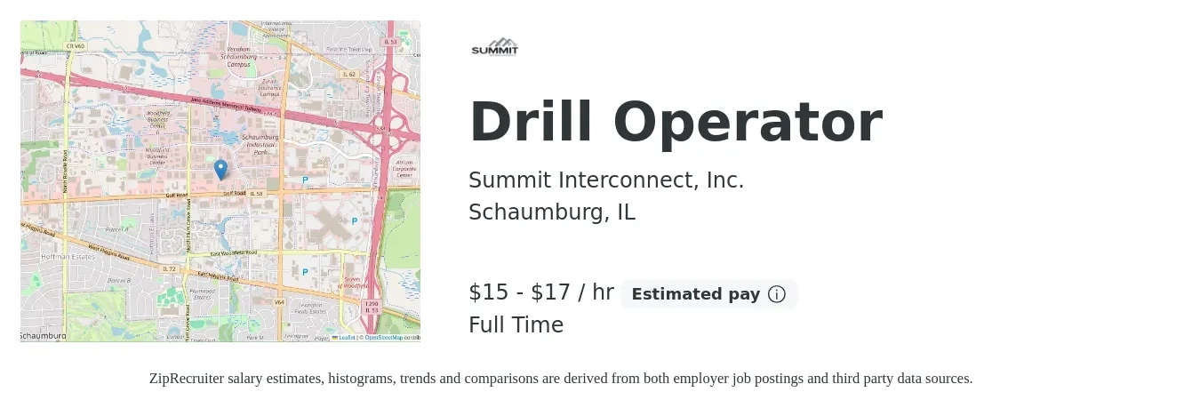 Summit Interconnect, Inc. job posting for a Drill Operator in Schaumburg, IL with a salary of $17 to $18 Hourly with a map of Schaumburg location.