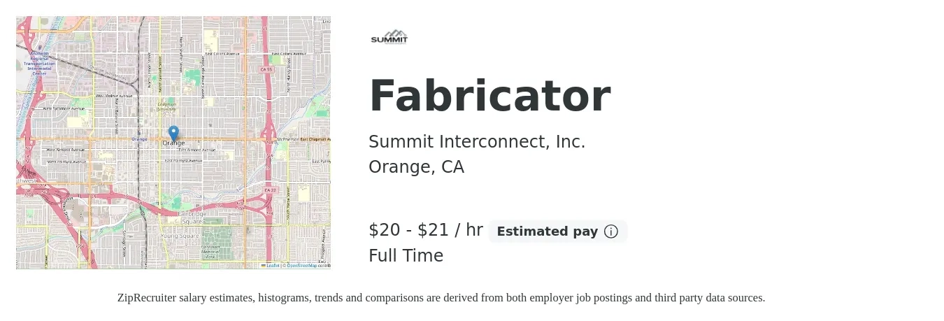 Summit Interconnect, Inc. job posting for a Fabricator in Orange, CA with a salary of $21 to $22 Hourly with a map of Orange location.