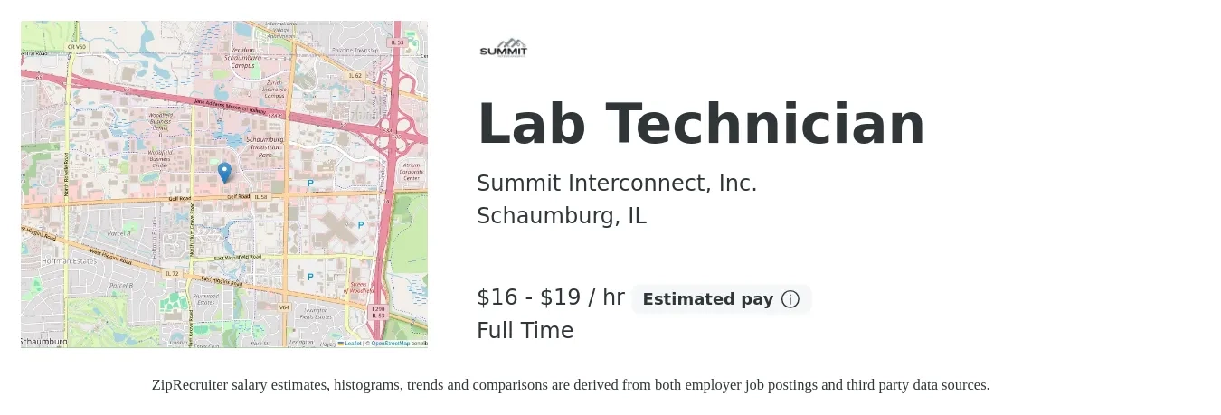 Summit Interconnect, Inc. job posting for a Lab Technician in Schaumburg, IL with a salary of $17 to $20 Hourly with a map of Schaumburg location.