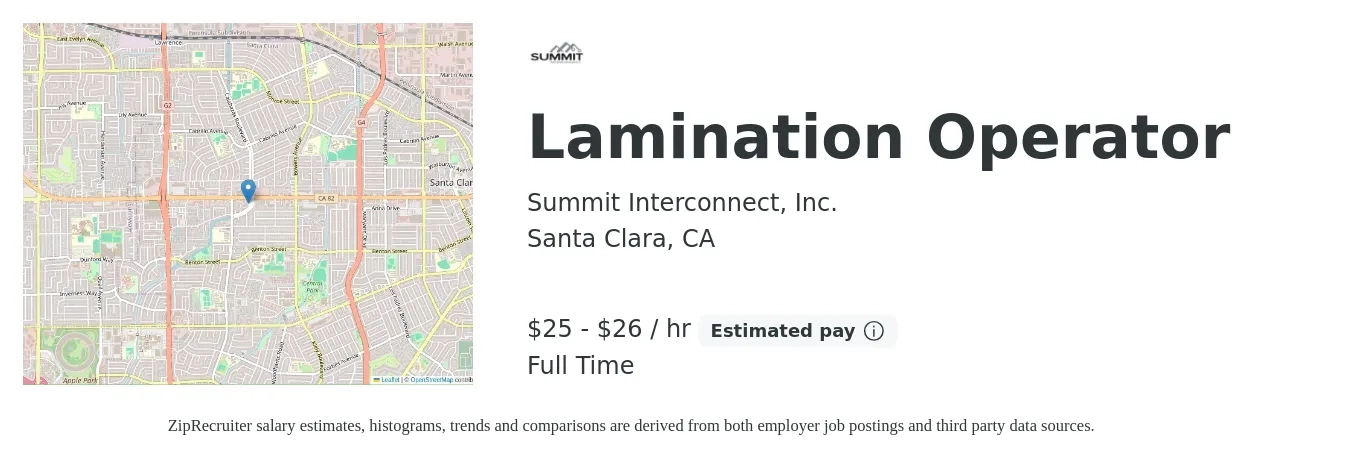 Summit Interconnect, Inc. job posting for a Lamination Operator in Santa Clara, CA with a salary of $27 to $28 Hourly with a map of Santa Clara location.