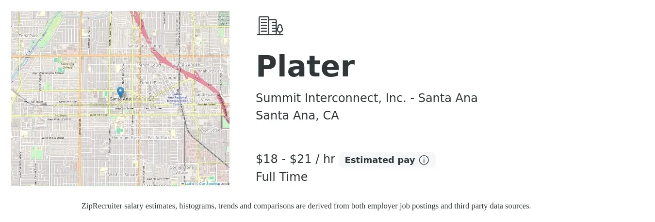 Summit Interconnect, Inc. - Santa Ana job posting for a Plater in Santa Ana, CA with a salary of $19 to $22 Hourly with a map of Santa Ana location.