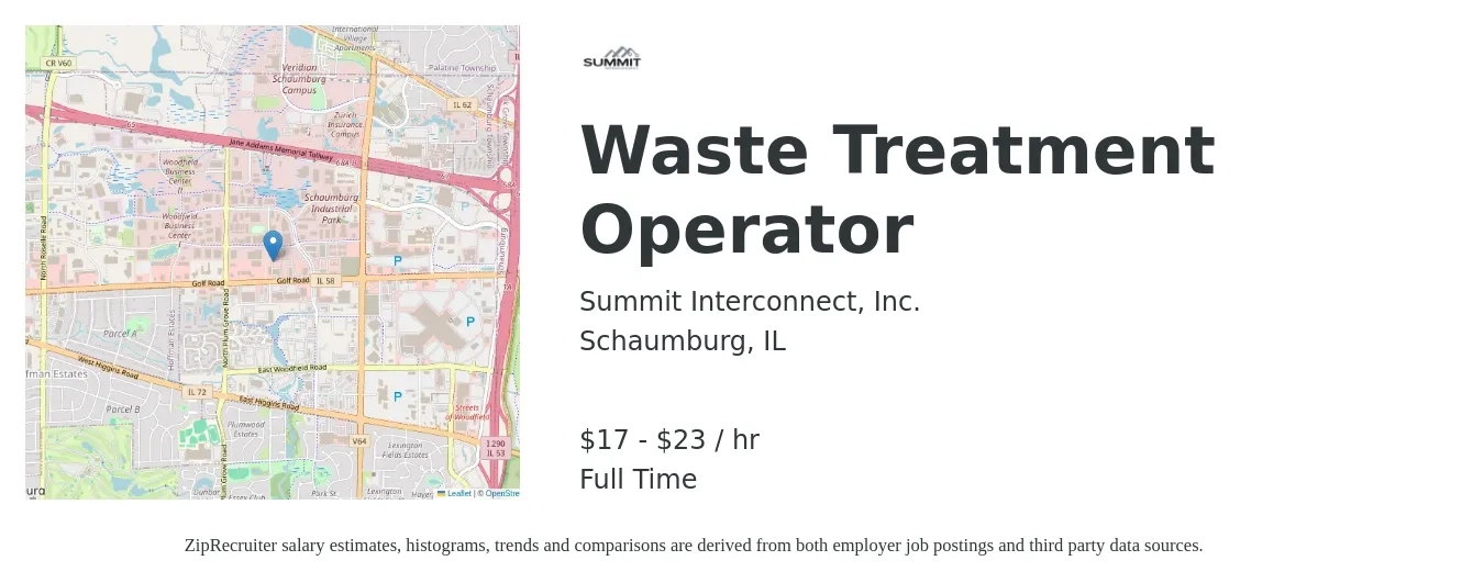 Summit Interconnect, Inc. job posting for a Waste Treatment Operator in Schaumburg, IL with a salary of $18 to $24 Hourly with a map of Schaumburg location.