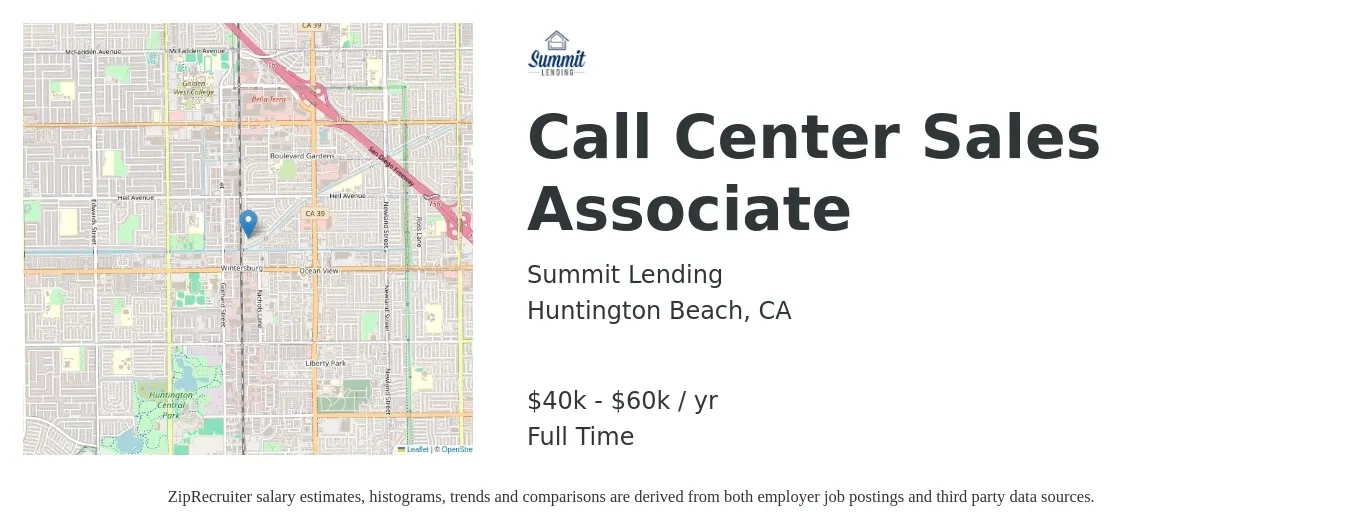 Summit Lending job posting for a Call Center Sales Associate in Huntington Beach, CA with a salary of $40,000 to $60,000 Yearly with a map of Huntington Beach location.