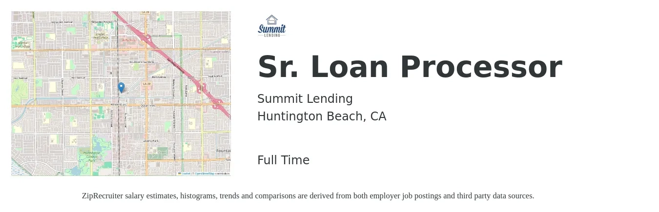 Summit Lending job posting for a Sr. Loan Processor in Huntington Beach, CA with a salary of $54,900 to $75,500 Yearly with a map of Huntington Beach location.