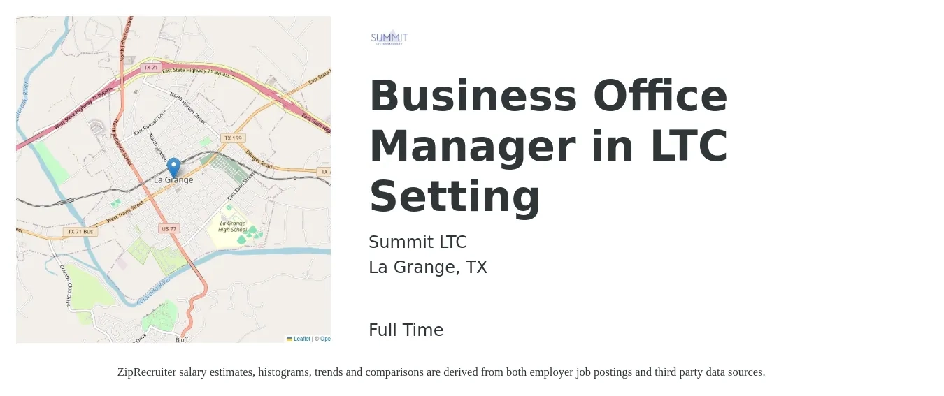 Summit LTC job posting for a Business Office Manager in LTC Setting in La Grange, TX with a salary of $24 to $34 Hourly with a map of La Grange location.