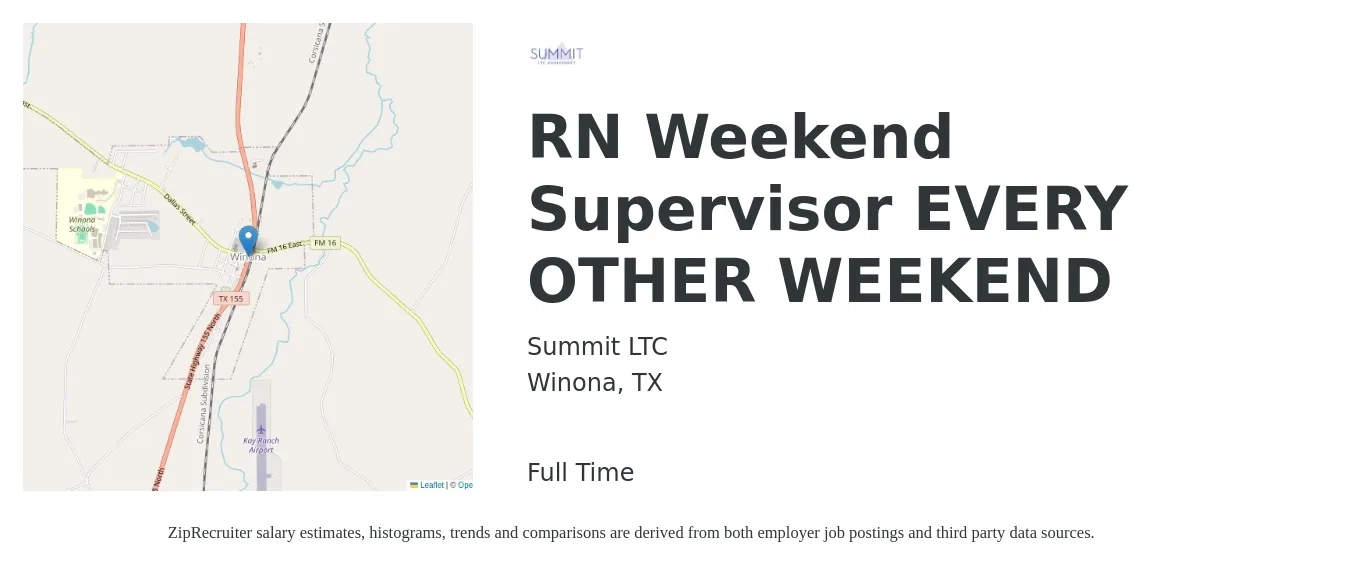 Summit LTC job posting for a RN Weekend Supervisor EVERY OTHER WEEKEND in Winona, TX with a salary of $37 to $54 Hourly with a map of Winona location.