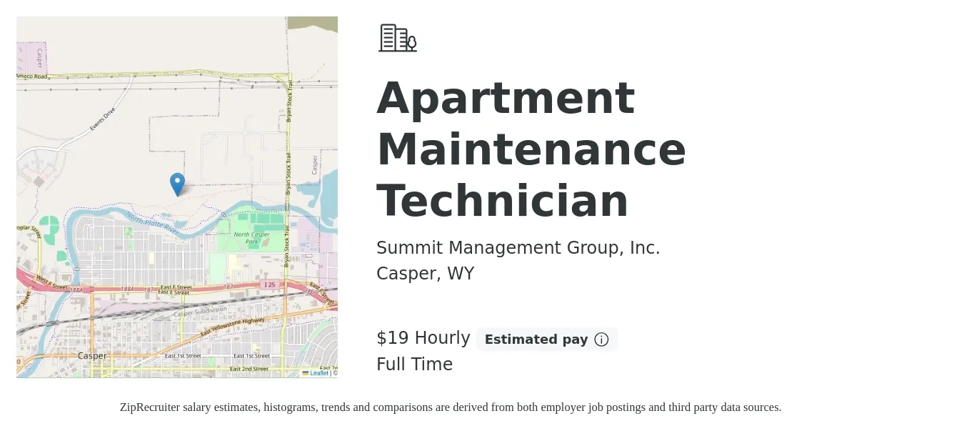 Summit Management Group, Inc. job posting for a Apartment Maintenance Technician in Casper, WY with a salary of $20 Hourly with a map of Casper location.