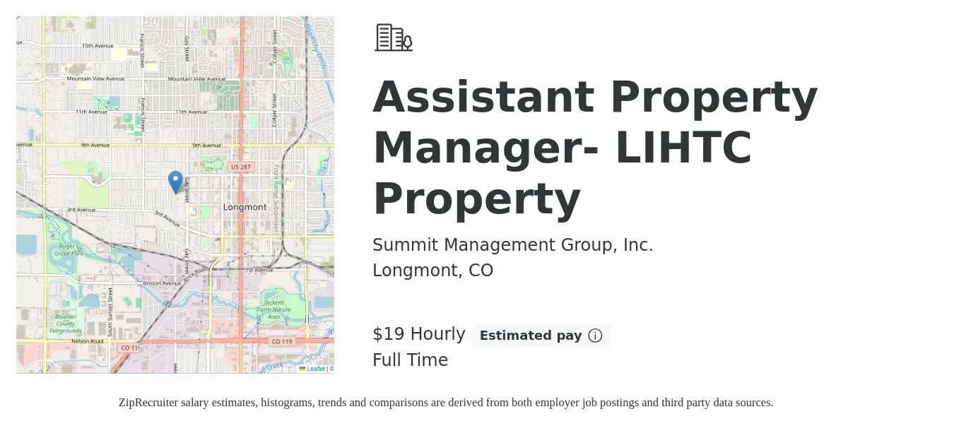 Summit Management Group, Inc. job posting for a Assistant Property Manager- LIHTC Property in Longmont, CO with a salary of $20 to $22 Hourly with a map of Longmont location.