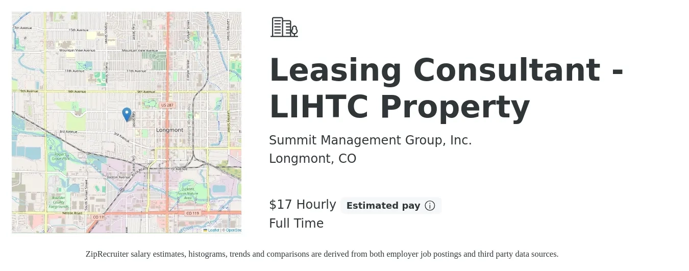 Summit Management Group, Inc. job posting for a Leasing Consultant - LIHTC Property in Longmont, CO with a salary of $18 Hourly with a map of Longmont location.