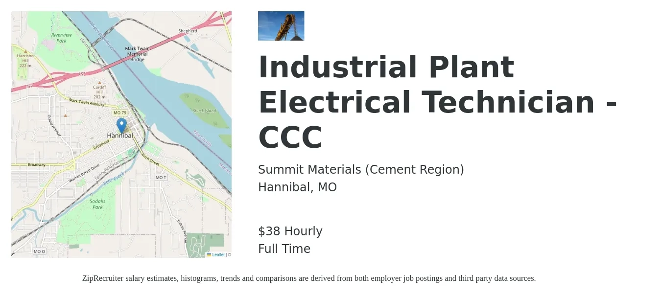 Summit Materials (Cement Region) job posting for a Industrial Plant Electrical Technician - CCC in Hannibal, MO with a salary of $40 Hourly with a map of Hannibal location.