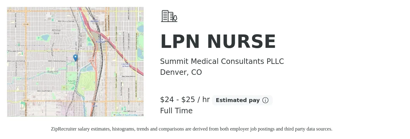 Summit Medical Consultants PLLC job posting for a LPN NURSE in Denver, CO with a salary of $25 to $27 Hourly with a map of Denver location.