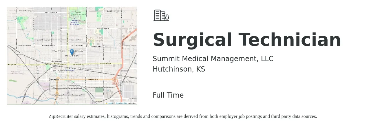 Summit Medical Management, LLC job posting for a Surgical Technician in Hutchinson, KS with a salary of $1,270 to $2,080 Weekly with a map of Hutchinson location.