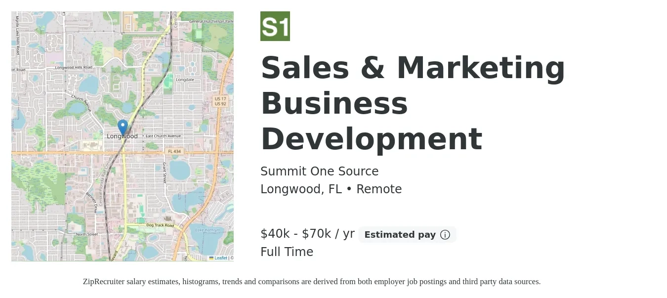 Summit One Source job posting for a Sales & Marketing Business Development in Longwood, FL with a salary of $40,000 to $70,000 Yearly with a map of Longwood location.