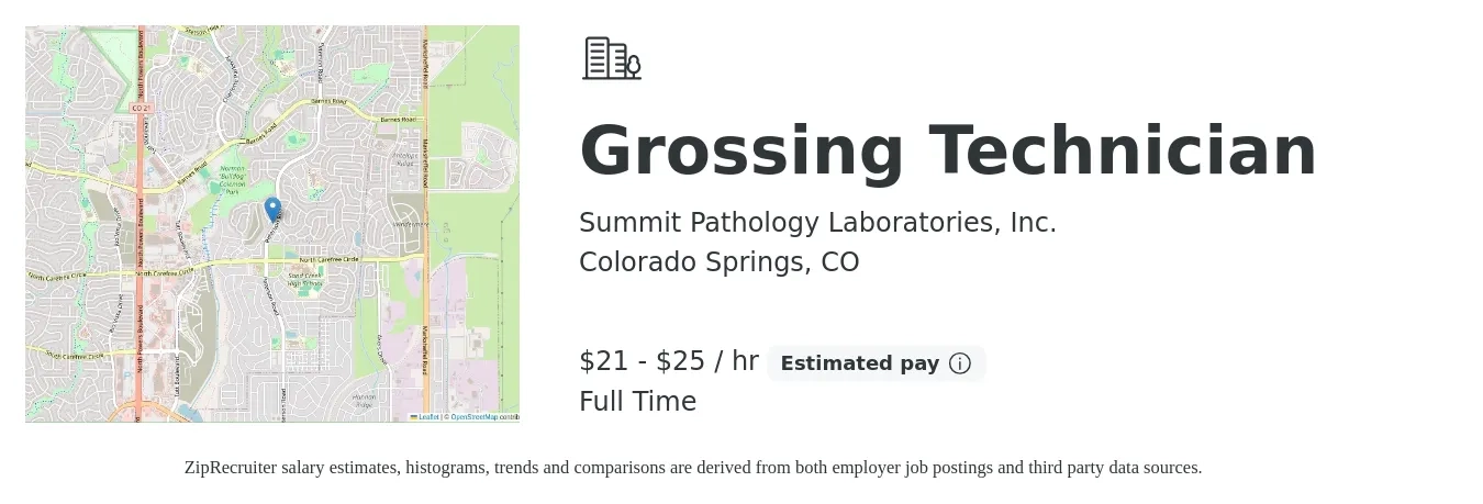 Summit Pathology Laboratories, Inc. job posting for a Grossing Technician in Colorado Springs, CO with a salary of $22 to $26 Hourly with a map of Colorado Springs location.