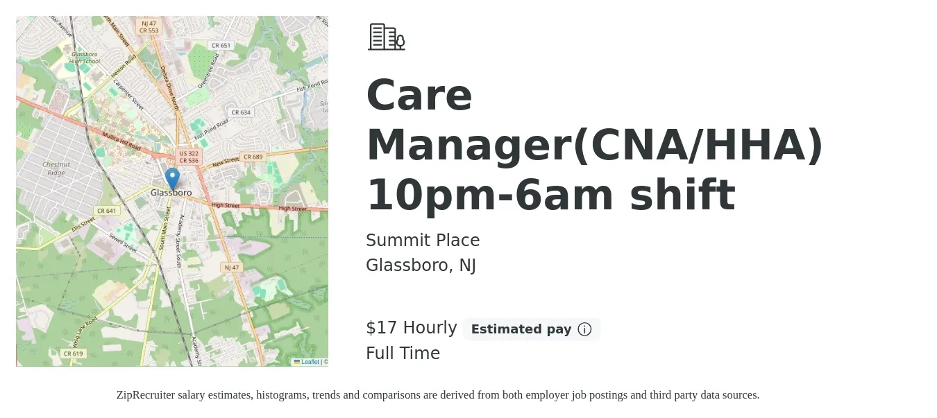 Summit Place job posting for a Care Manager(CNA/HHA) 10pm-6am shift in Glassboro, NJ with a salary of $18 to $18 Hourly with a map of Glassboro location.