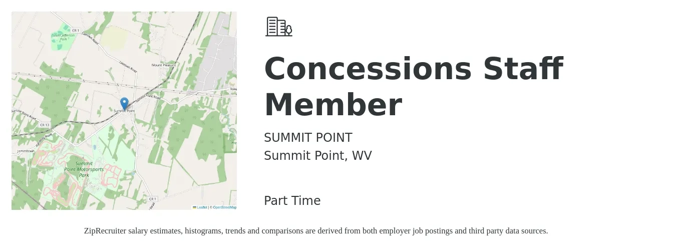 SUMMIT POINT job posting for a Concessions Staff Member in Summit Point, WV with a salary of $12 to $17 Hourly with a map of Summit Point location.