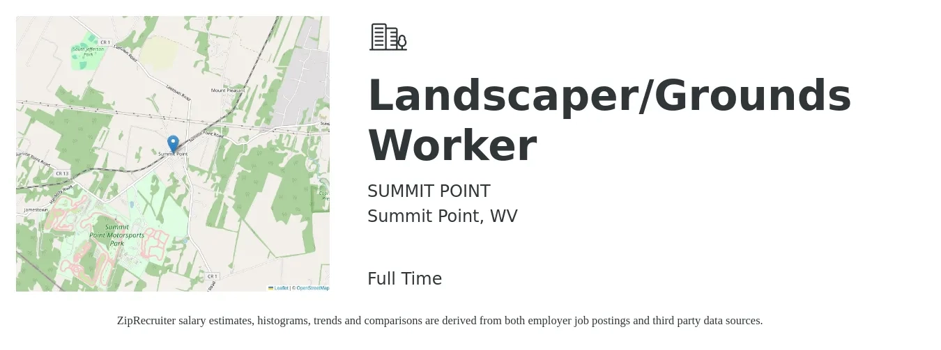 SUMMIT POINT job posting for a Landscaper/Grounds Worker in Summit Point, WV with a salary of $16 to $20 Hourly with a map of Summit Point location.